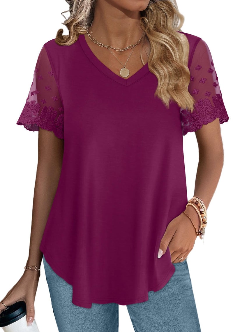 OFEEFAN Trendy Clothes for Women Fashion Trendy Shirts Cute V Neck T Shirts Mauve 2XL - Image 4