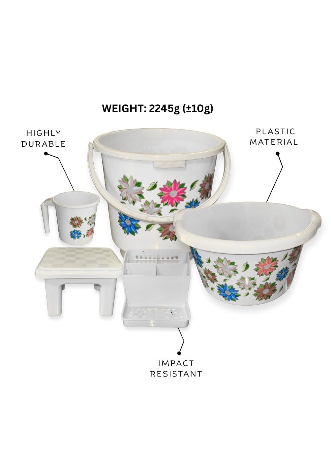 إس إن إتش طقم حمام | ٥ قطع إكسسوارات حمام بلاستيكية | دلو ماء، حوض استحمام، كوب استحمام، مقعد استحمام، حامل سلة تخزين | مجموعة أدوات تنظيم حمام منزلية متينة - Image 1