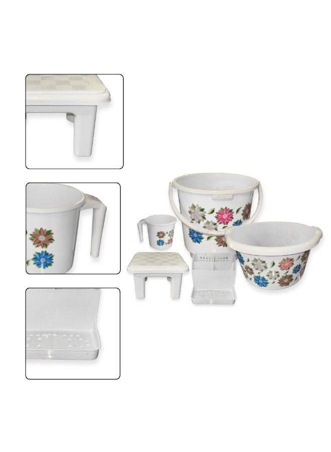إس إن إتش طقم حمام | ٥ قطع إكسسوارات حمام بلاستيكية | دلو ماء، حوض استحمام، كوب استحمام، مقعد استحمام، حامل سلة تخزين | مجموعة أدوات تنظيم حمام منزلية متينة - Image 2