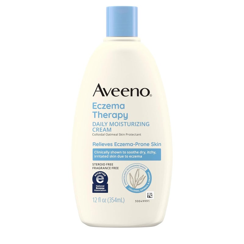Aveeno Eczema Therapy Daily Moisturizing Cream for Sensitive Skin, Soothing Lotion with Colloidal Oatmeal for Dry, Itchy, and Irritated Skin, Steroid-Free and Fragrance-Free, 12 fl. oz
