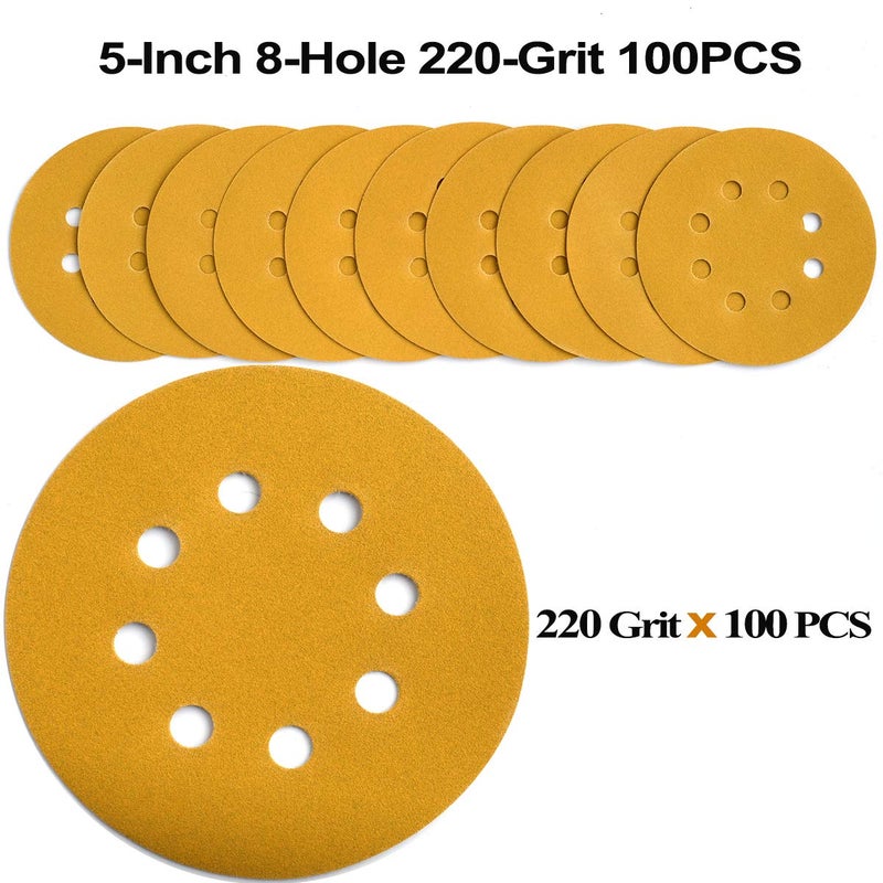 Aiyard 5-Inch 8-Hole Hook and Loop Sanding Discs 220-Grit Random Orbit Sandpaper, 100-Pack - Image 3