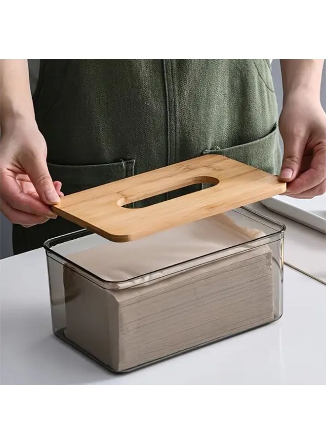 1 قطعة صندوق مناديل بلاستيكي مستطيل شفاف بغطاء من الخيزران لديكور الحمام والمنزل والمكتب - Image 2