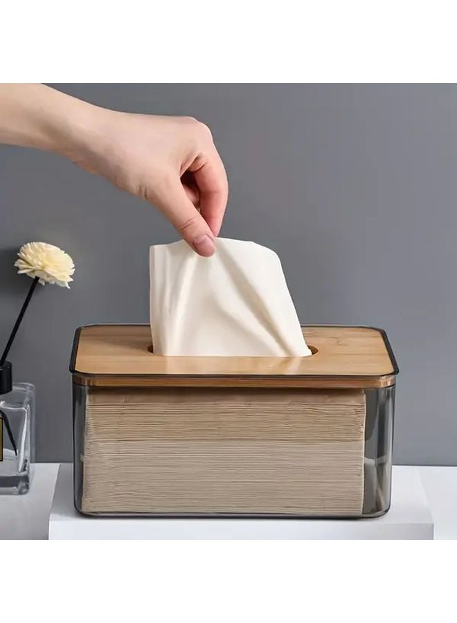 1 قطعة صندوق مناديل بلاستيكي مستطيل شفاف بغطاء من الخيزران لديكور الحمام والمنزل والمكتب - Image 5