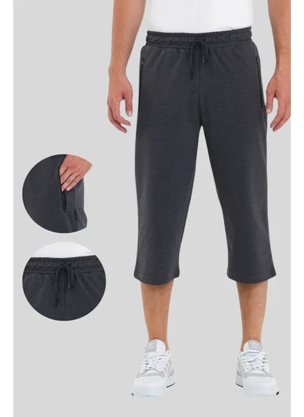 mmetalic Men's Zipper Pockets Anthracite Bermuda Below Knee Capri Long Shorts with Adjustable Elastic Waist