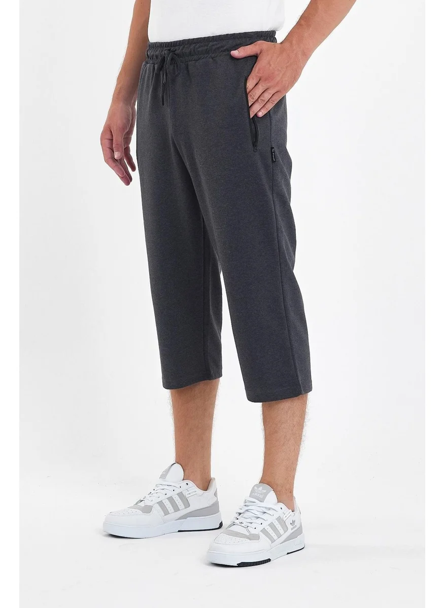 mmetalic Men's Zipper Pockets Anthracite Bermuda Below Knee Capri Long Shorts with Adjustable Elastic Waist