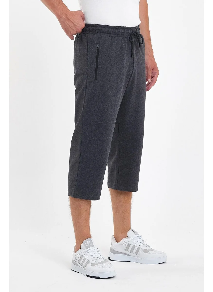mmetalic Men's Zipper Pockets Anthracite Bermuda Below Knee Capri Long Shorts with Adjustable Elastic Waist