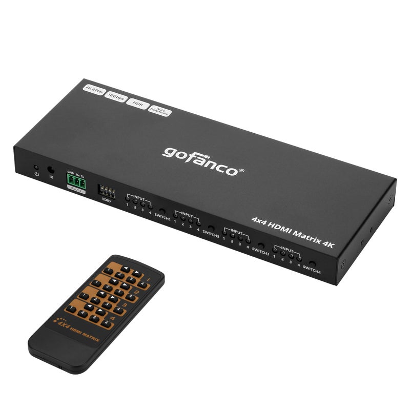 gofanco 4K 4x4 HDMI Matrix Switch Up to 4K 60Hz 444 HDR HDCP 2214 Auto Downscaling EDID Management 71ch Audio Atmos LightningSurgeESD Protection 4 in 4 Out Video Matrix44HD2BSC