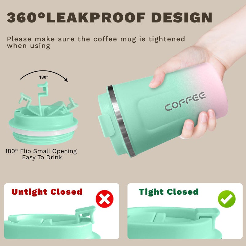 SPLMIFA Travel Coffee Mug Leak-Proof, Reusable Coffee Cups with Lids, Stainless Steel Vacuum Insulated Coffee Tumblers, Thermal Insulation Cup for Men and Women Hot & Cold Drinks(2nd-Green Pink, 12OZ) - Image 5