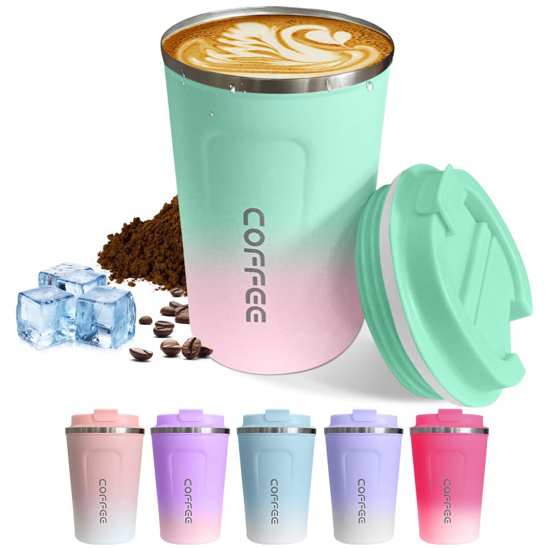 SPLMIFA Travel Coffee Mug Leak-Proof, Reusable Coffee Cups with Lids, Stainless Steel Vacuum Insulated Coffee Tumblers, Thermal Insulation Cup for Men and Women Hot & Cold Drinks(2nd-Green Pink, 12OZ) - Image 1