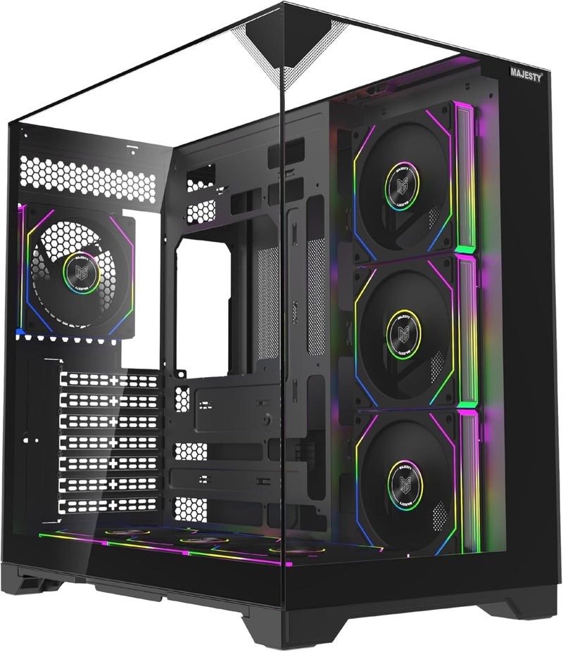 حالة الكمبيوتر من نوع Majesty X-Space Mid-Tower | 7 مراوح Infinity ARGB بحجم 120 مم مثبتة مسبقًا | دعم للوحات الأم من نوع ATX | دعم لأنظمة التبريد بالماء بحجم 360 مم | منافذ Type-C ومنافذ USB 3.0 | تصميم يسمح بالتوصيل من الخلف | لون أسود - Image 1