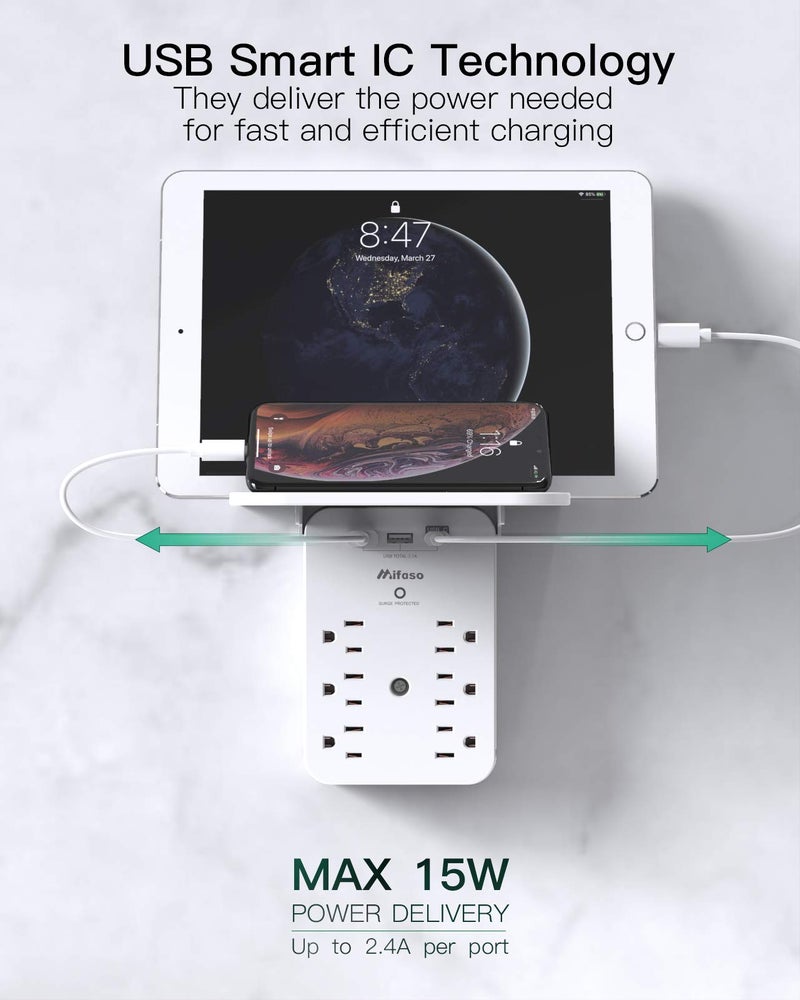 mifaso موسع مخرج الحائط مع واقي من زيادة التيار، 6 مآخذ AC، رف، 2 منفذ USB و USB C لشحن الأجهزة - موسع قابس للمنزل والسكن الجامعي - Image 4