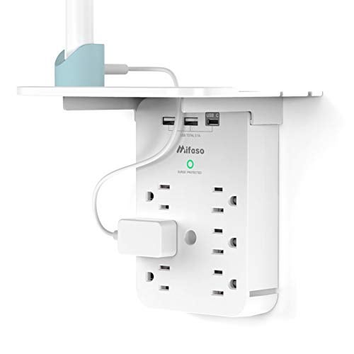 mifaso موسع مخرج الحائط مع واقي من زيادة التيار، 6 مآخذ AC، رف، 2 منفذ USB و USB C لشحن الأجهزة - موسع قابس للمنزل والسكن الجامعي - Image 1