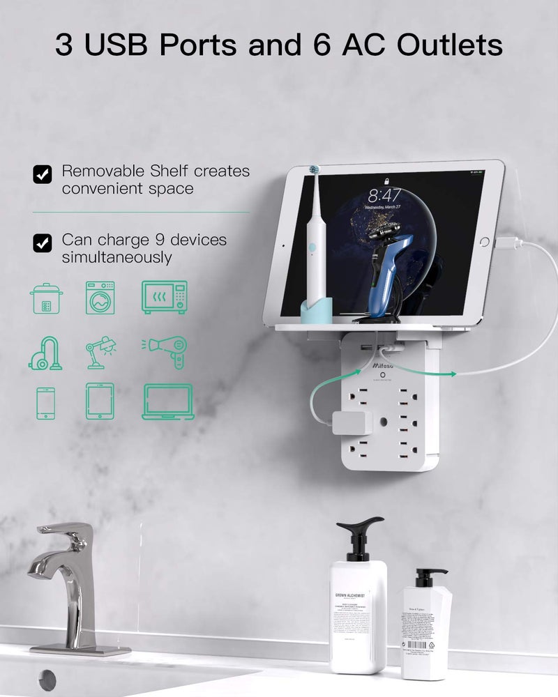 mifaso موسع مخرج الحائط مع واقي من زيادة التيار، 6 مآخذ AC، رف، 2 منفذ USB و USB C لشحن الأجهزة - موسع قابس للمنزل والسكن الجامعي - Image 2