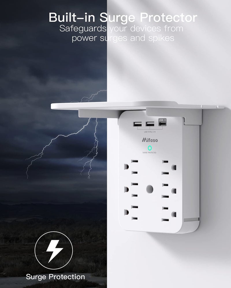 mifaso موسع مخرج الحائط مع واقي من زيادة التيار، 6 مآخذ AC، رف، 2 منفذ USB و USB C لشحن الأجهزة - موسع قابس للمنزل والسكن الجامعي - Image 5