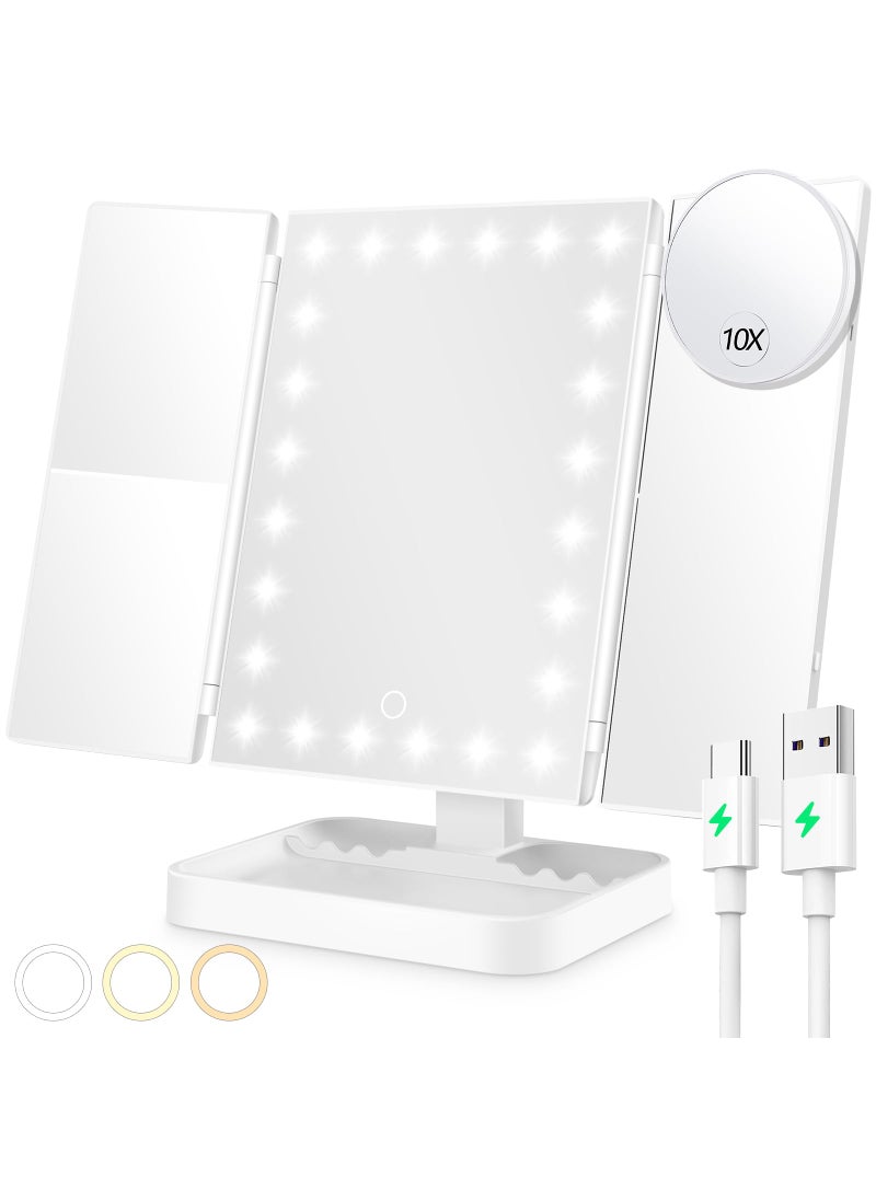 NIKKOMON NIKKOMON Wireless Rechargeable Lighted Makeup Mirror with 3 Color Lighting 2000mAh Rechargeable Battery 10x 3X 2X Magnification Mirror 24 LED Mirror 360 Degree Rotation Gift for Woman White 
