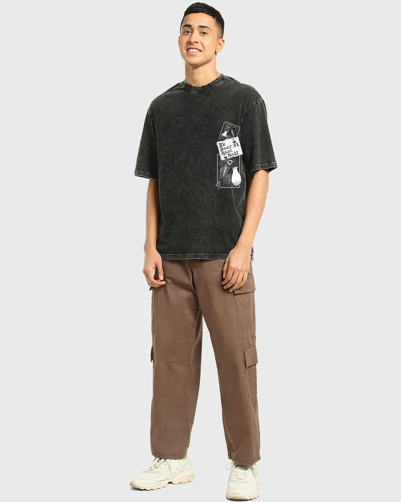 بيواكوف تيشيرت رجالي أسود مطبوع برسومات كاهاني كبير الحجم مغسول بالحمض