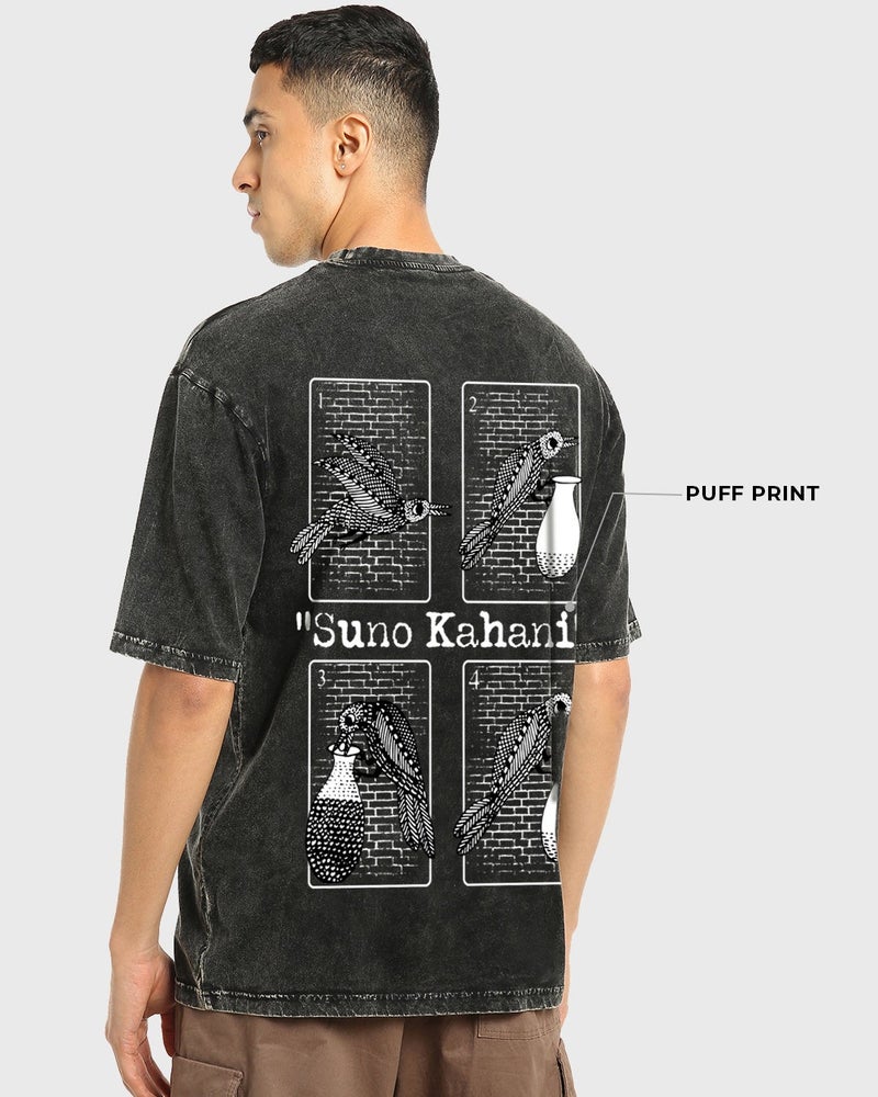 bewakoof Men's Black Kahani Graphic Printed Oversized Acid Wash T-shirt - Image 5