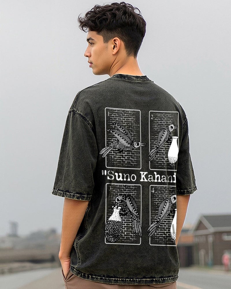 bewakoof Men's Black Kahani Graphic Printed Oversized Acid Wash T-shirt - Image 2