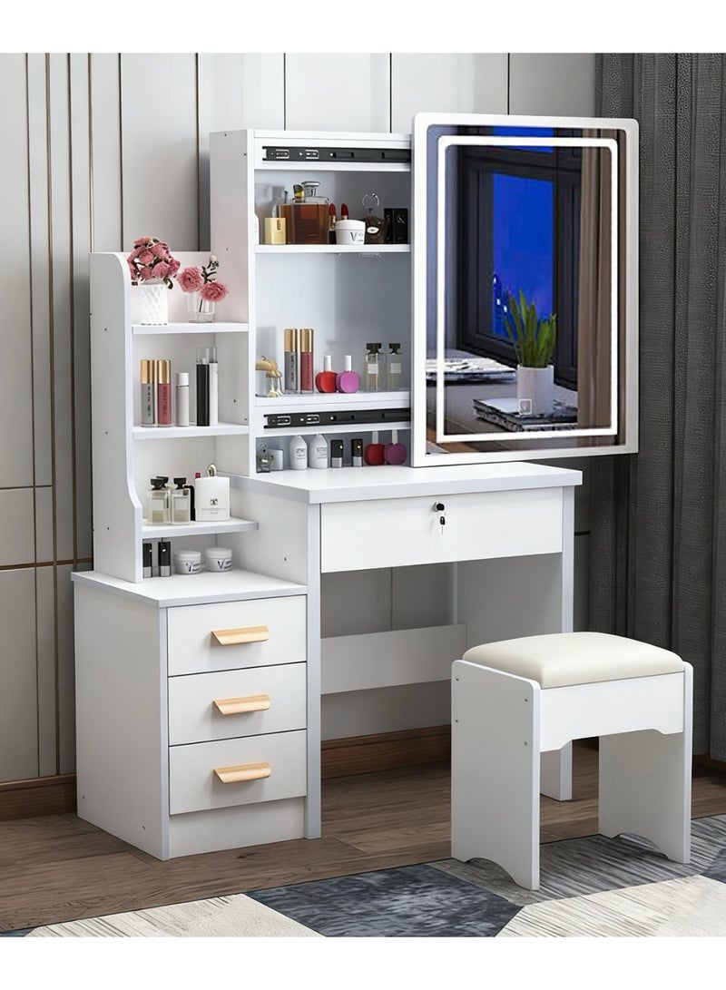 Makeup Vanity Desk with Mirror & Lights, Vanity Table and Chair Set with 4 Drawers & Hidden Storage Shelves, Dressing Table for Bedroom, Women Girls Gift, White, SZZ008LED - Image 1