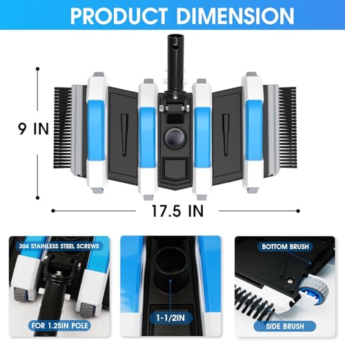 TidyMister Enhanced Pool Vacuum Head with Direction-Control Handle - 17.5in Extra-Wide 4LB Professional Weighted Vac Heads Brush & Wheels -Deep Clean for Vinyl Liner,Inground & Above Ground Swimming Pool - Blue - Image 5