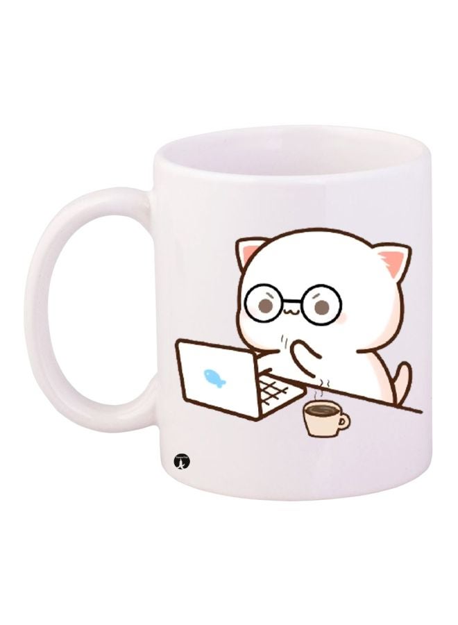 RYN Cartoon Cat Printed Coffee Mug White/Brown/Blue 11ounce