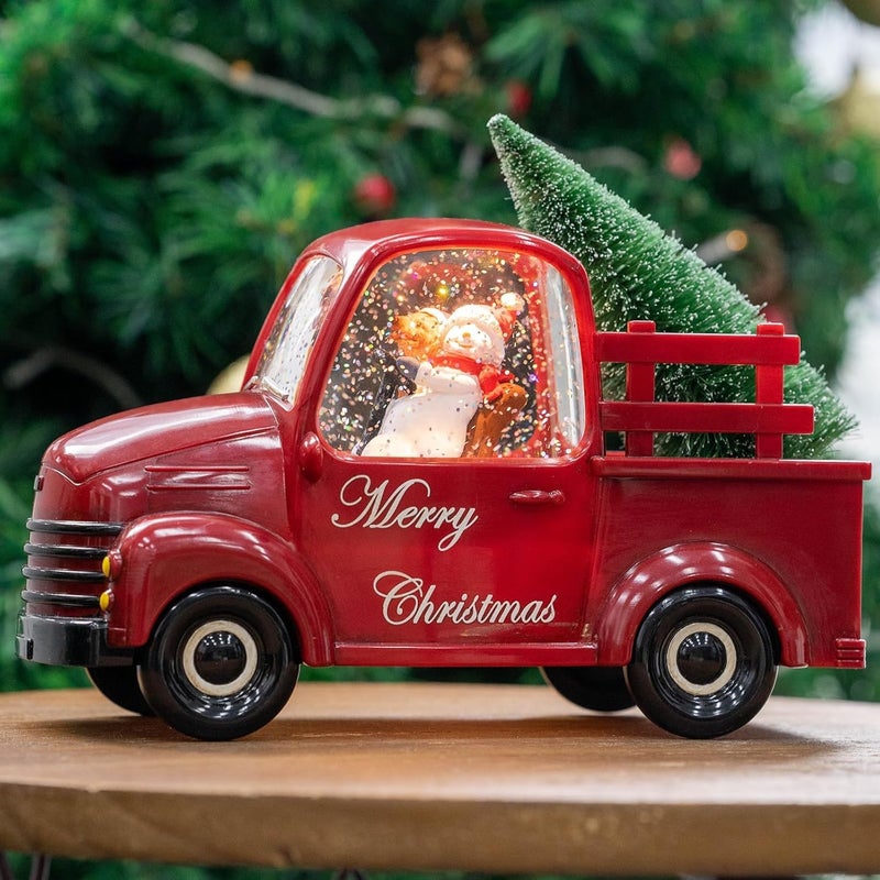 Xindian Musical Red Truck Snow Globe with Swirling Glitter Snowman Dog Carrying Christmas Tree Spinning Water Lantern for Christmas Decor