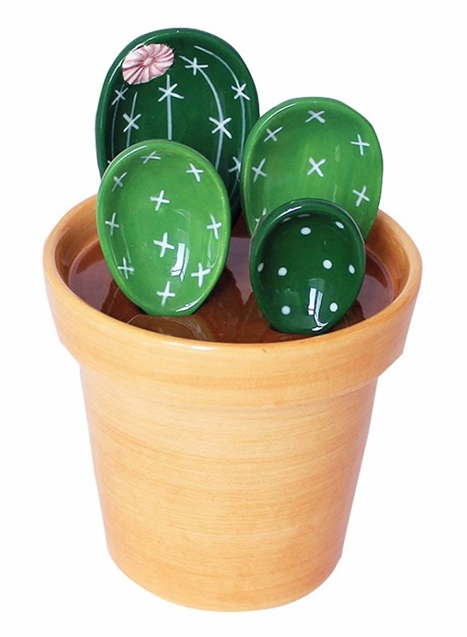 Measuring Spoons, Cactus Measuring Spoons Set, in Pot Ceramic Cute Small Cacti Measuring Spoons and Cups Green, for Baking, Salt, Sugar(Green）  - Image 1