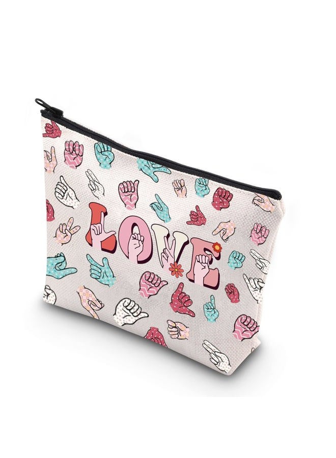 WCGXKO Sign Language Heart Makeup Bag Asl Gift Asl Interpreter Deaf Gift Gift for Asl Teacher Asl Zipper Pouch (LOVE HAND) - Image 1
