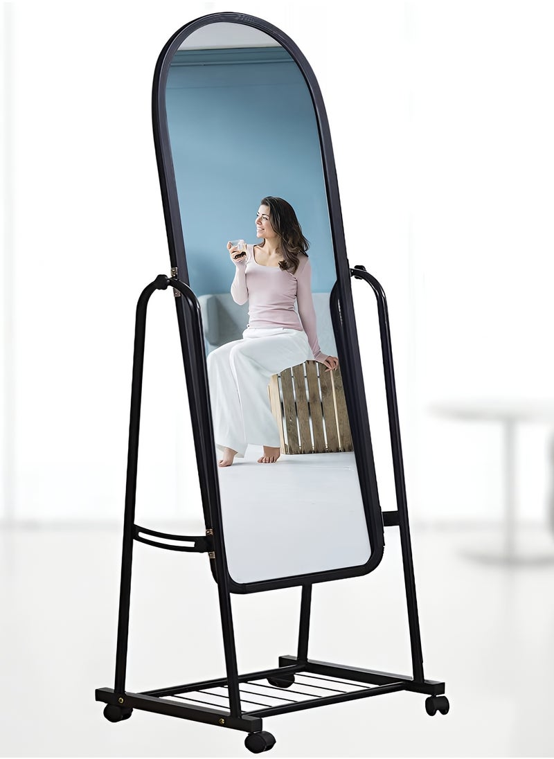 Taimi Full Length Mirror with Adjustable Stand, Wheels and Bottom Storage, Floor Mirror for Bedroom and Living Room, Black - 160x38cm  - Image 1