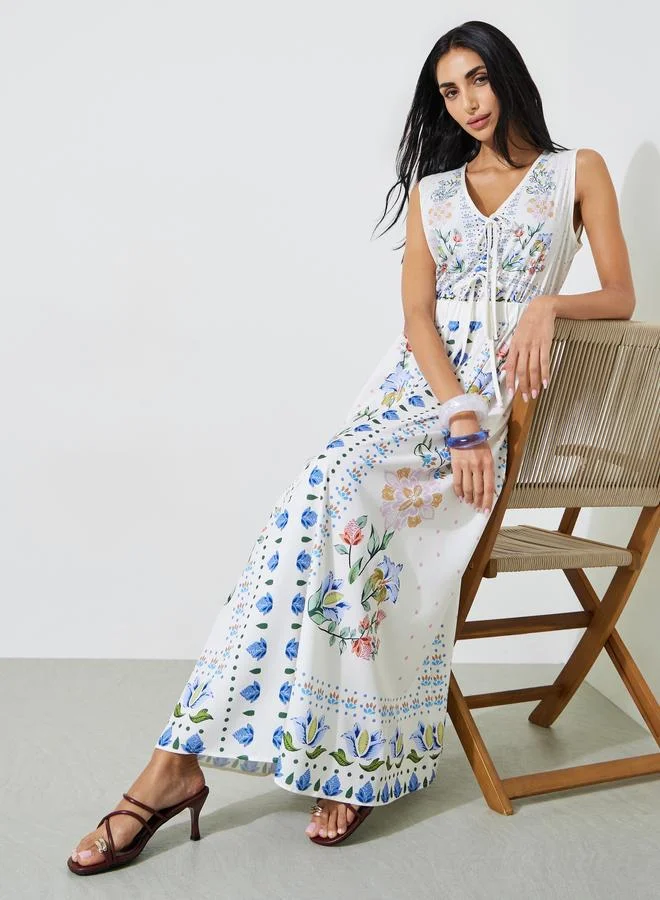 White Floral Print Tie-Up Detail A-Line Maxi Dress