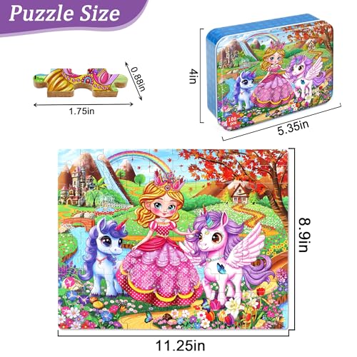 MZZOTOY Princess and Unicorns Puzzles for Kids Ages 48 100 Pieces Jigsaw Puzzles for Kids Ages 35 Puzzle for Girls and Boys Learning Educational Puzzles Toys in a Metal Box - Image 5