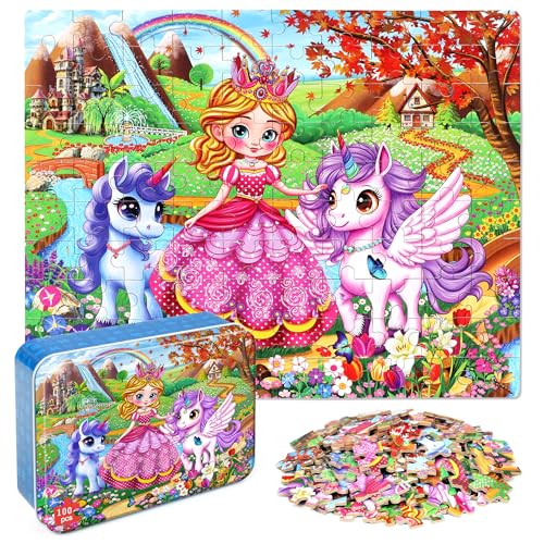 MZZOTOY Princess and Unicorns Puzzles for Kids Ages 48 100 Pieces Jigsaw Puzzles for Kids Ages 35 Puzzle for Girls and Boys Learning Educational Puzzles Toys in a Metal Box - Image 1