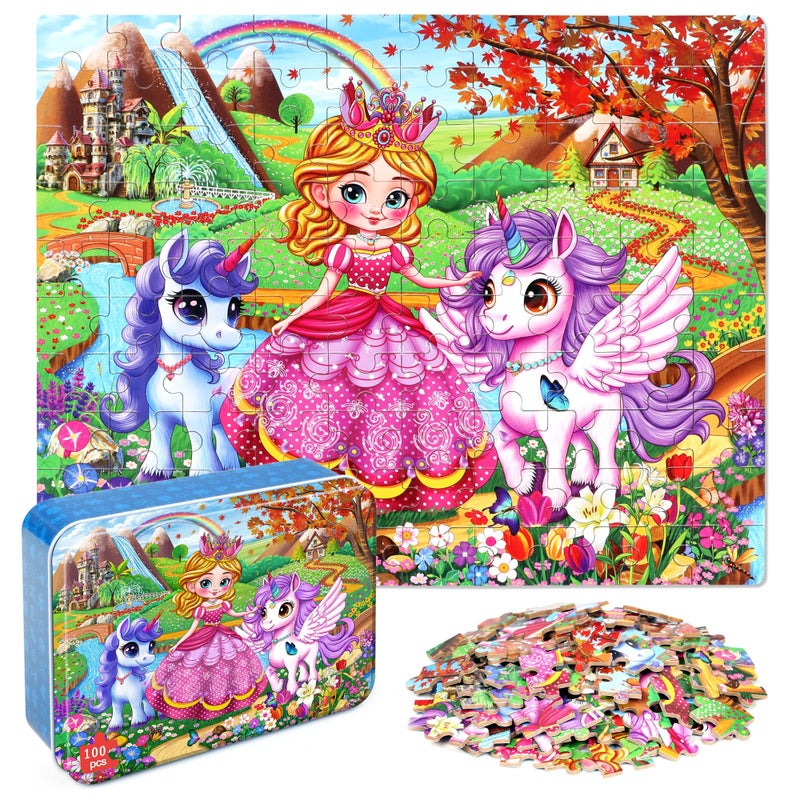 MZZOTOY Princess and Unicorns Puzzles for Kids Ages 48 100 Pieces Jigsaw Puzzles for Kids Ages 35 Puzzle for Girls and Boys Learning Educational Puzzles Toys in a Metal Box - Image 3
