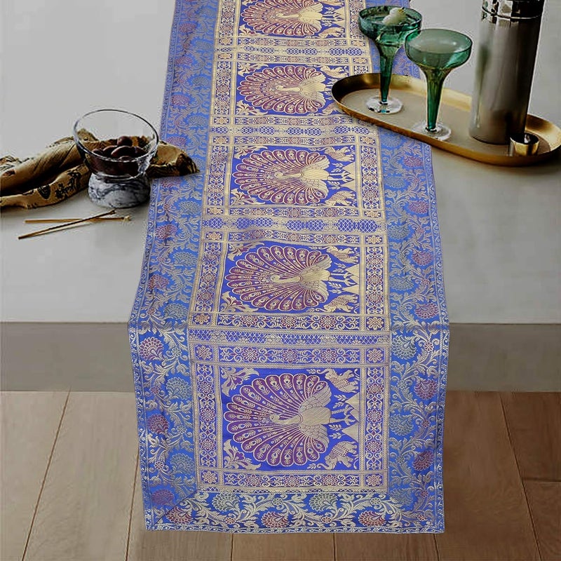 E - Ezra EEZRA Banarsi Brocade Dining Table Runner Centre Table Gold Dancing Peacock Floral Traditional Table Cloth Rectangle Decorative Dining Table Runner Long 60x16 Inches 152 x 40 cm Blue - Image 1