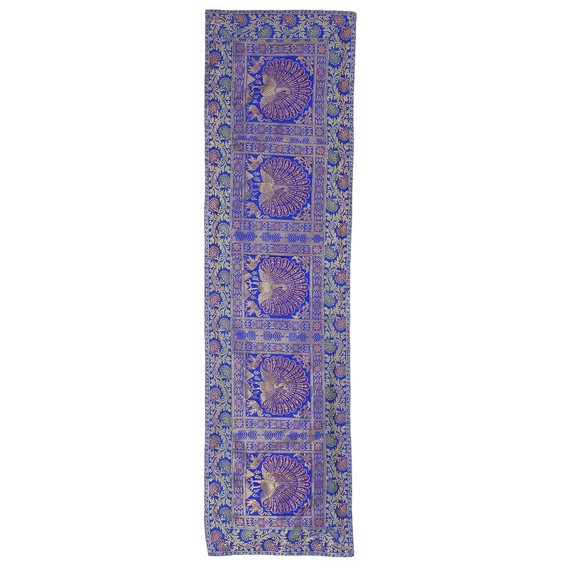 E - Ezra EEZRA Banarsi Brocade Dining Table Runner Centre Table Gold Dancing Peacock Floral Traditional Table Cloth Rectangle Decorative Dining Table Runner Long 60x16 Inches 152 x 40 cm Blue - Image 2