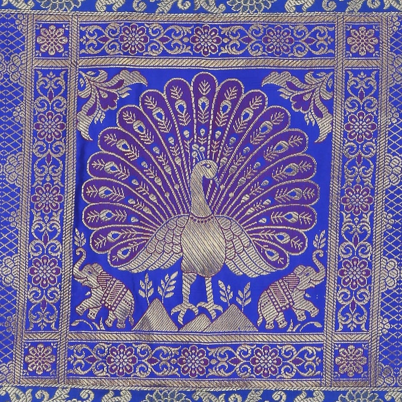 E - Ezra EEZRA Banarsi Brocade Dining Table Runner Centre Table Gold Dancing Peacock Floral Traditional Table Cloth Rectangle Decorative Dining Table Runner Long 60x16 Inches 152 x 40 cm Blue - Image 3