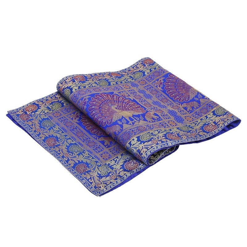 E - Ezra EEZRA Banarsi Brocade Dining Table Runner Centre Table Gold Dancing Peacock Floral Traditional Table Cloth Rectangle Decorative Dining Table Runner Long 60x16 Inches 152 x 40 cm Blue - Image 4