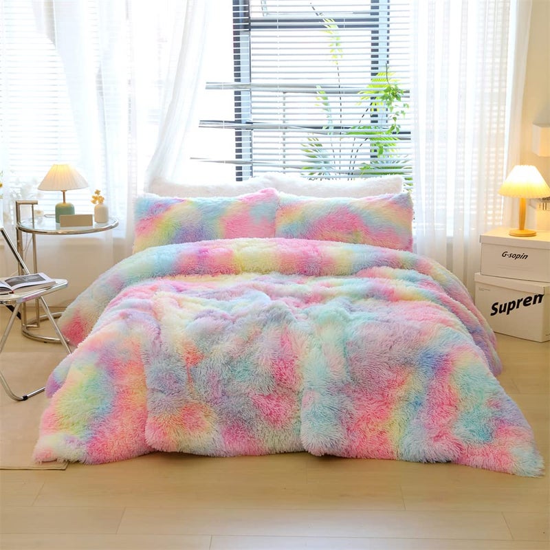 Roscloud Roscloud Faux Fur Kids Girls Rainbow Comforter Sets TwinFull  3PC Bed Set Warm Comfortable Soft Plush Flannel Velvet Fluffy Fuzzy BeddingComforter x 1 Pillowcases x 2 