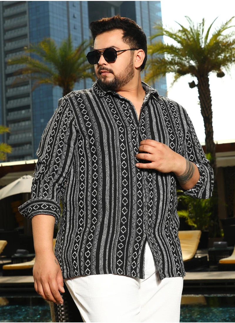انستافاب بلس Instafab Plus Men's Onyx Black Folk-Weave Shirt For Casual Wear | Spread Collar | Long Cuffed Sleeves | Button Closure | Plus Size Shirt Crafted With Comfort Fit For Everyday Wear