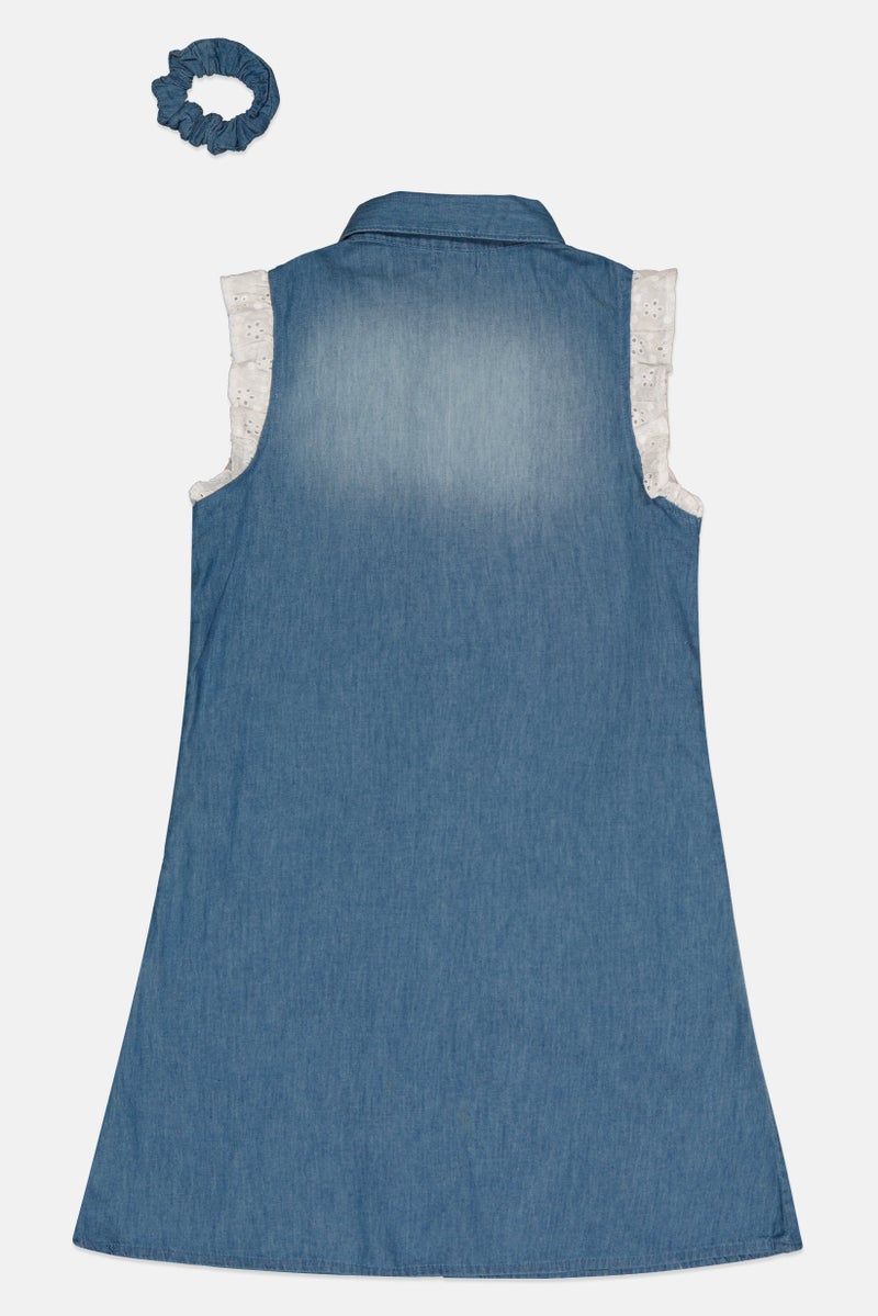 bebe Kids Girl Embroidered Logo Dress With Scrunchie, Blue - Image 3