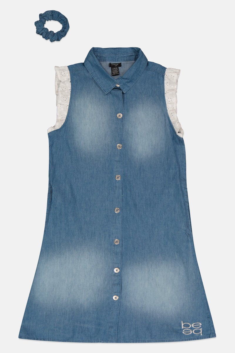 bebe Kids Girl Embroidered Logo Dress With Scrunchie, Blue - Image 2