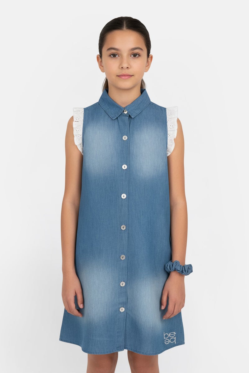 bebe Kids Girl Embroidered Logo Dress With Scrunchie, Blue - Image 1