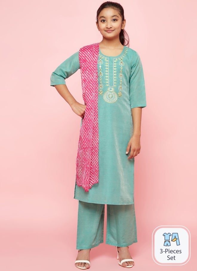 AKS Ethnic Motifs Embroidered Kurta Set for Girls - Image 1