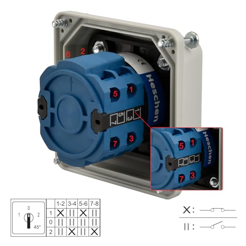 Heschen Universal Rotary Cam Selector Changeover Switch, SZW26-20/D202.2D, 660V 20A, ON-Off-ON, 3 Position 2 Phase 8 Terminals, with Master Switch Exterior Box,TUV(Standard Box) - Image 3