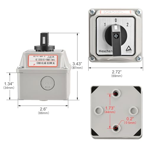 Heschen Universal Rotary Cam Selector Changeover Switch, SZW26-20/D202.2D, 660V 20A, ON-Off-ON, 3 Position 2 Phase 8 Terminals, with Master Switch Exterior Box,TUV(Standard Box) - Image 2