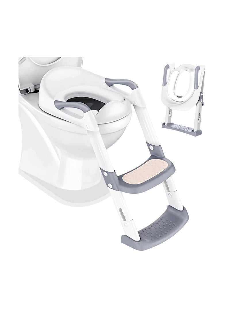 Zikra مقعد تدريب الأطفال على استخدام المرحاض، مقعد تدريب المرحاض للأطفال مع سلمة، كرسي مرحاض محمول قابل للطي مع حارس سلم قابل للتعديل، وسادة ناعمة للأطفال، أبيض - Image 1