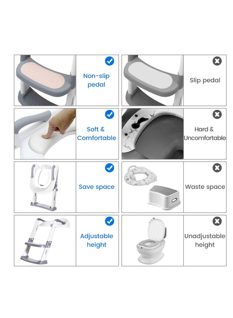 Zikra مقعد تدريب الأطفال على استخدام المرحاض، مقعد تدريب المرحاض للأطفال مع سلمة، كرسي مرحاض محمول قابل للطي مع حارس سلم قابل للتعديل، وسادة ناعمة للأطفال، أبيض - Image 3