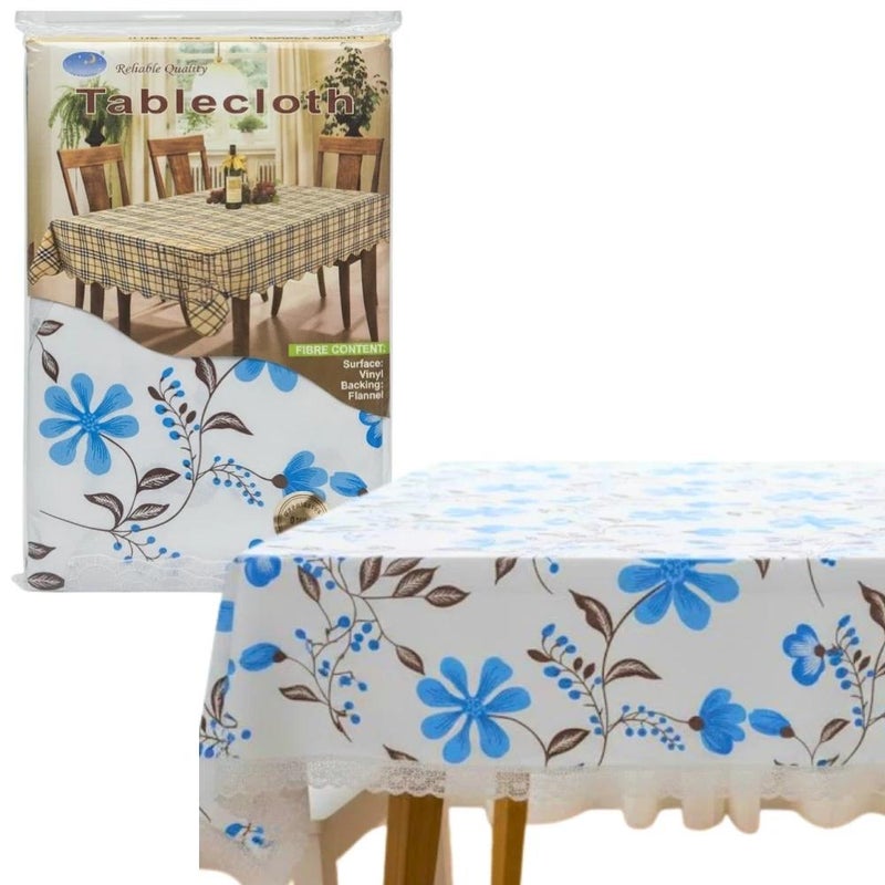 Blue Floral Printed Rectangular Waterproof Table Cloth- White
