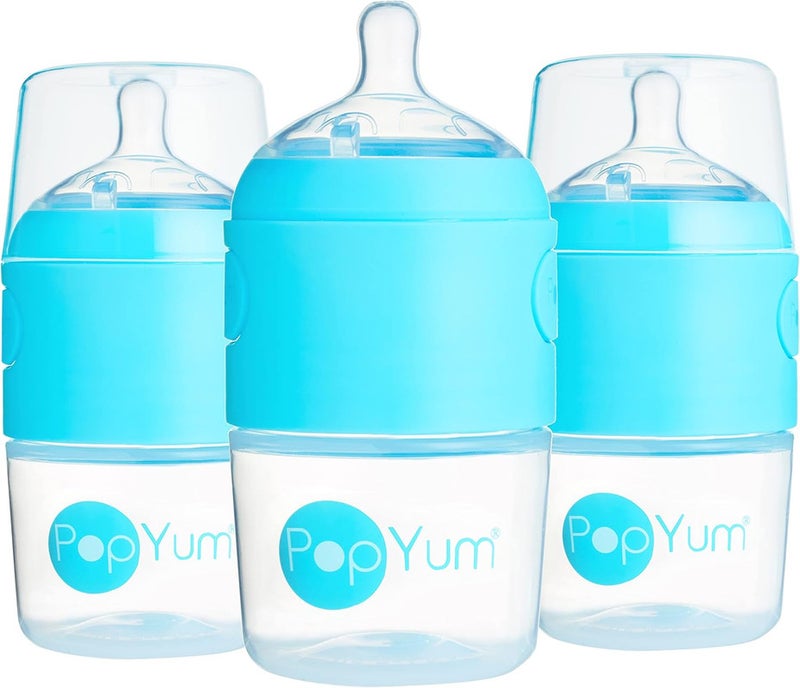 PopYum زجاجات رضاعة بيبي بوب يام 5 أونصات زرقاء مضادة للمغص، 3 عبوات مع حلمات بطيئة التدفق رقم 1، 150 مل، خالية من BPA، قفل طبيعي