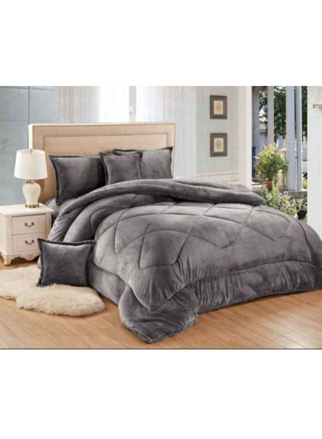 6-Piece Winter Fur Comforter Set microfiber Dark Grey